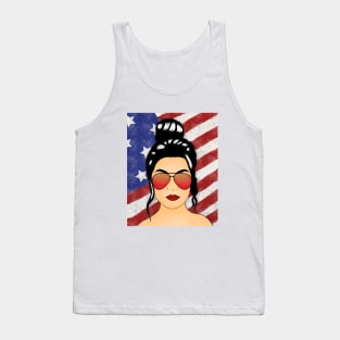 Messy Bun with American Flag in Background Tank Top